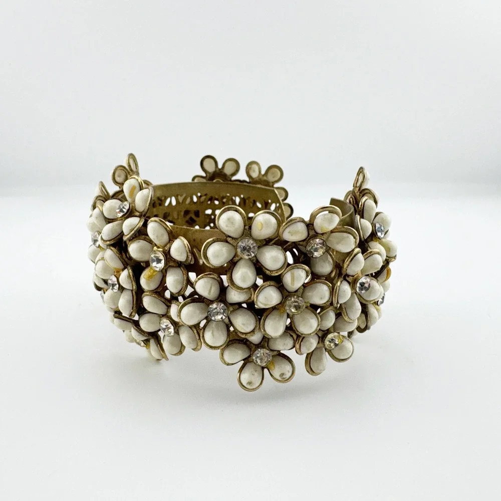 Vintage‎ Floral Rhinestone Cuff Bracelet White Enamel Flowers Gold Tone Bangle